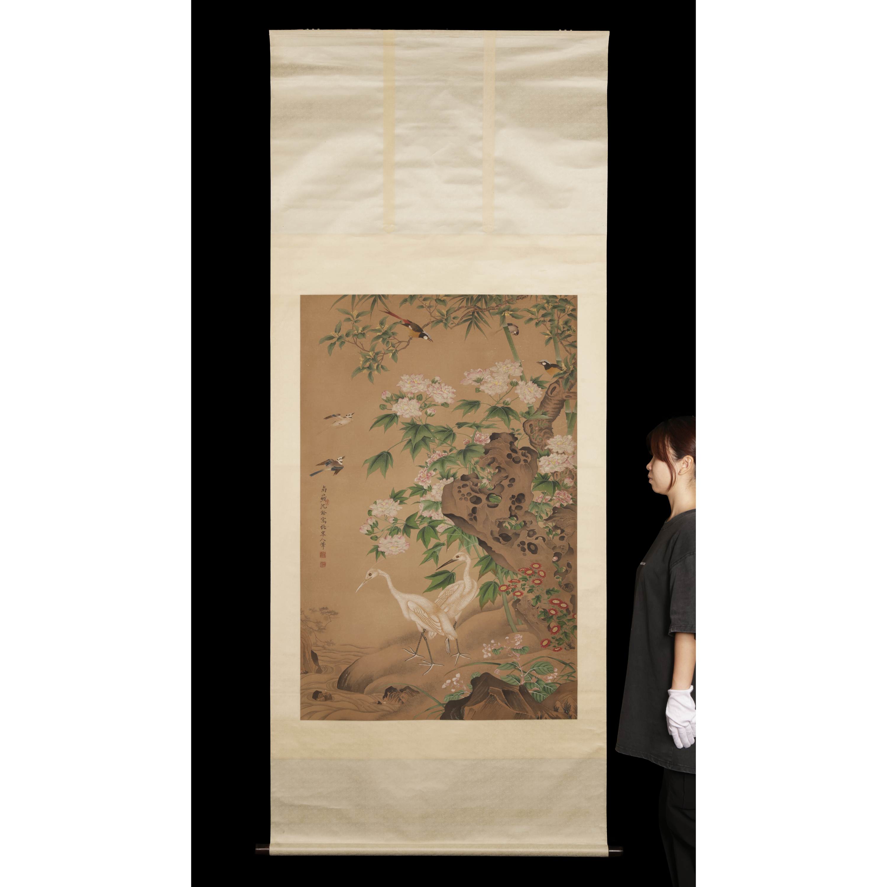 東方拍賣-古畫水墨大中堂(13才) 花鳥圖沈銓絹本(EQ-MADB09J)LM - 補破
