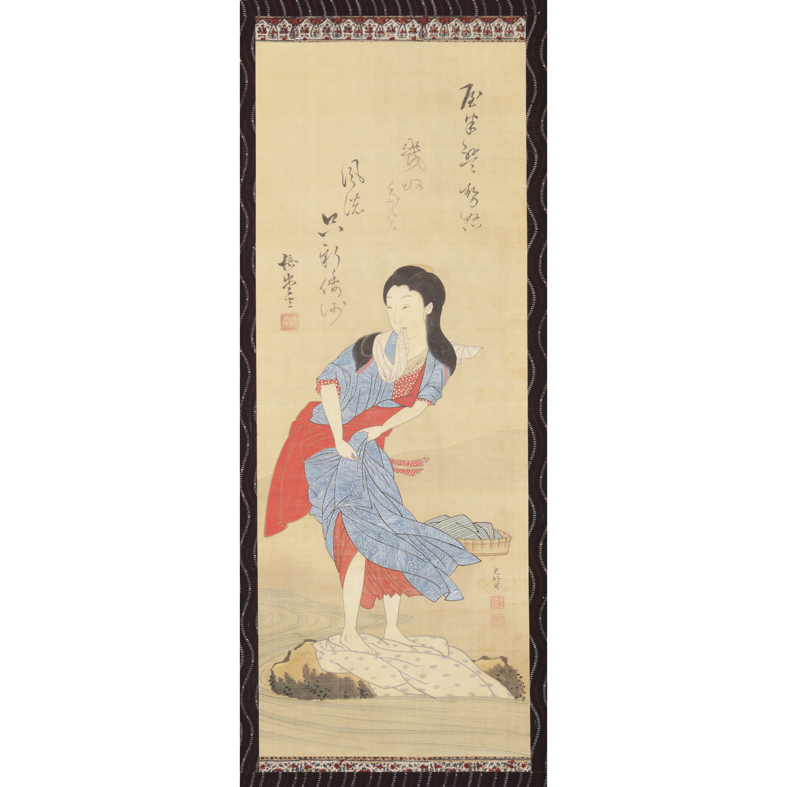 經典專拍疑日本江戶時期名家浮世繪(肉筆) 立軸美人清流砧の図土佐光好