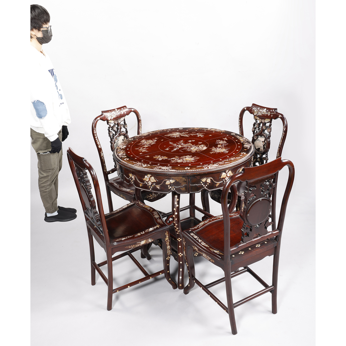 日本老家具/唐木花梨細工鑲貝二重板高腳花台/茶棚/展示棚/茶台