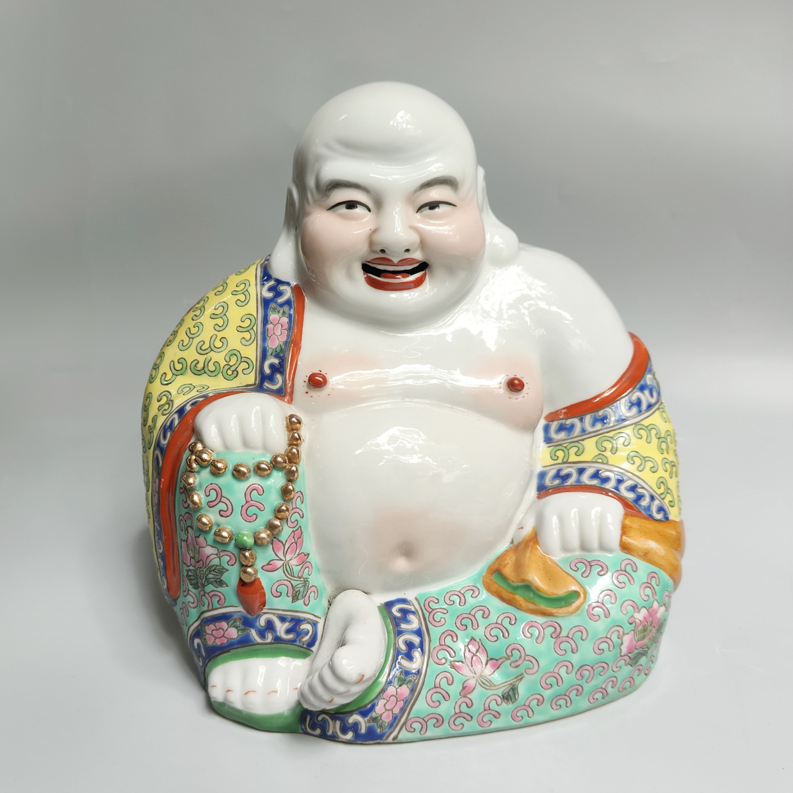 普普來亂莽葛拾遺-早期陶瓷粉彩笑口常開彌勒佛造像款福建會館品相如圖