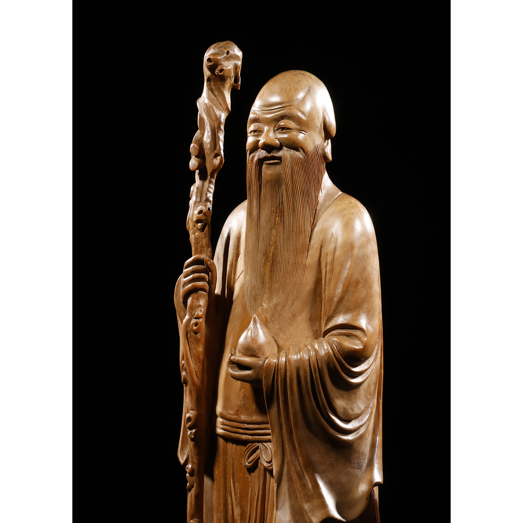 AZ528 時代物 黄楊木雕漁翁像・黄楊木彫漁翁立像・黄楊木雕老人像