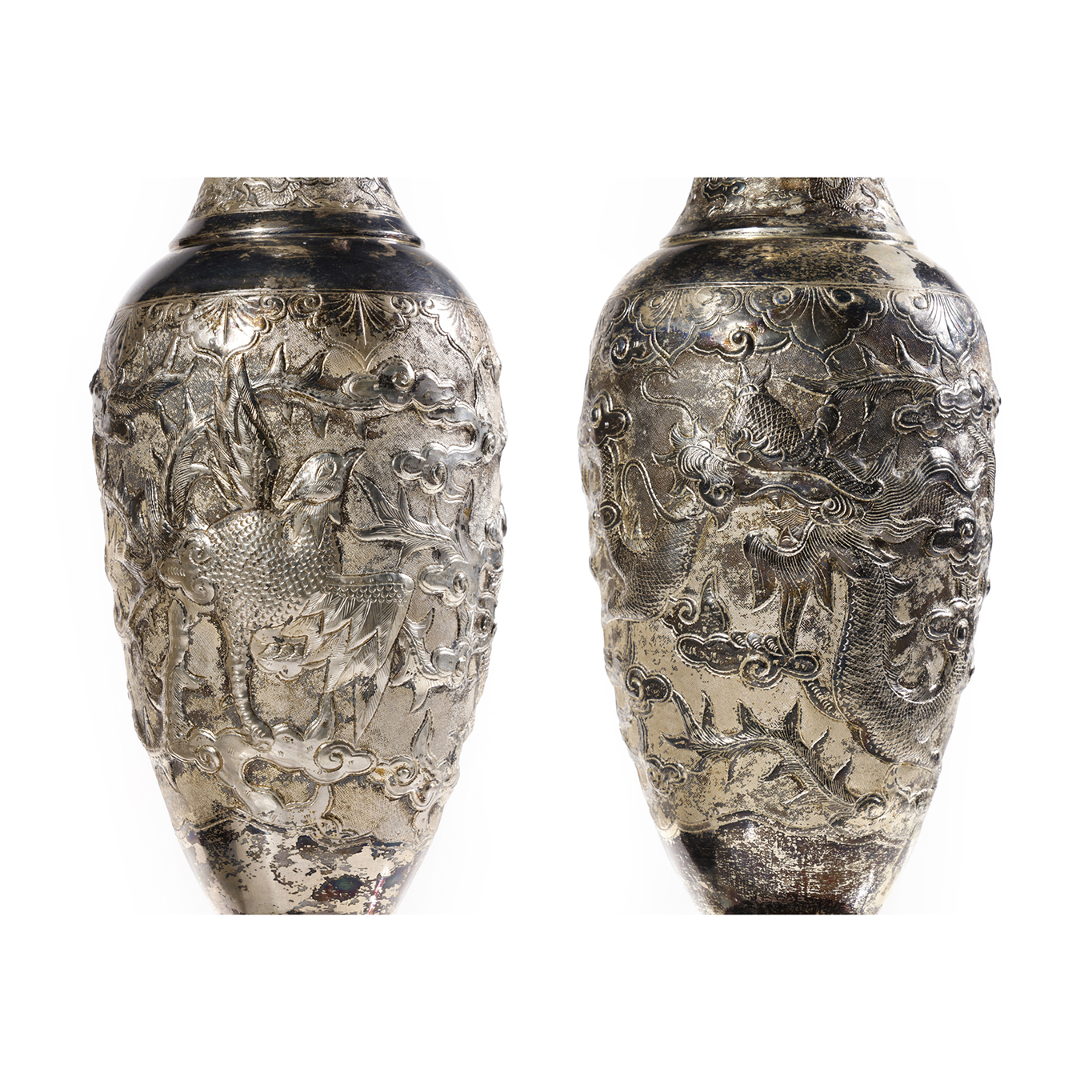 二拍)再生補破網-民初銀錘碟鏨工九龍瓶一對總重850.1g(BA-WAIS04)II