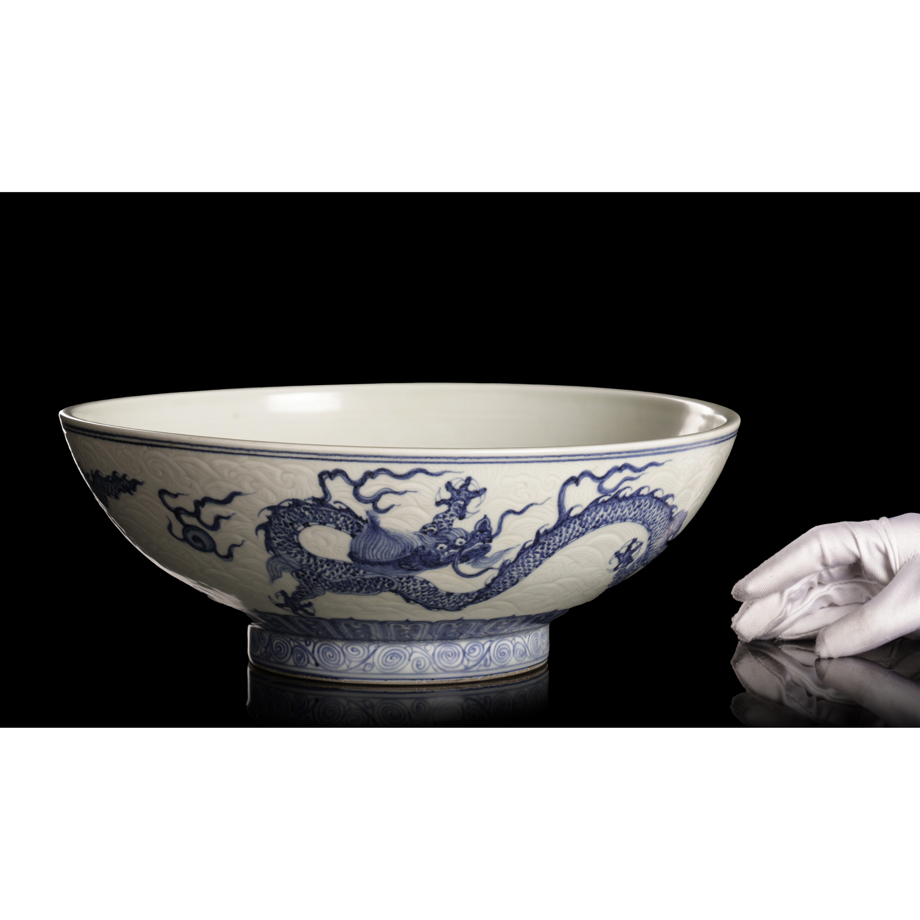 清倉古陶瓷青花瓷暗花龍紋大碗款大明宣德(PH-UACP14)JI - 補