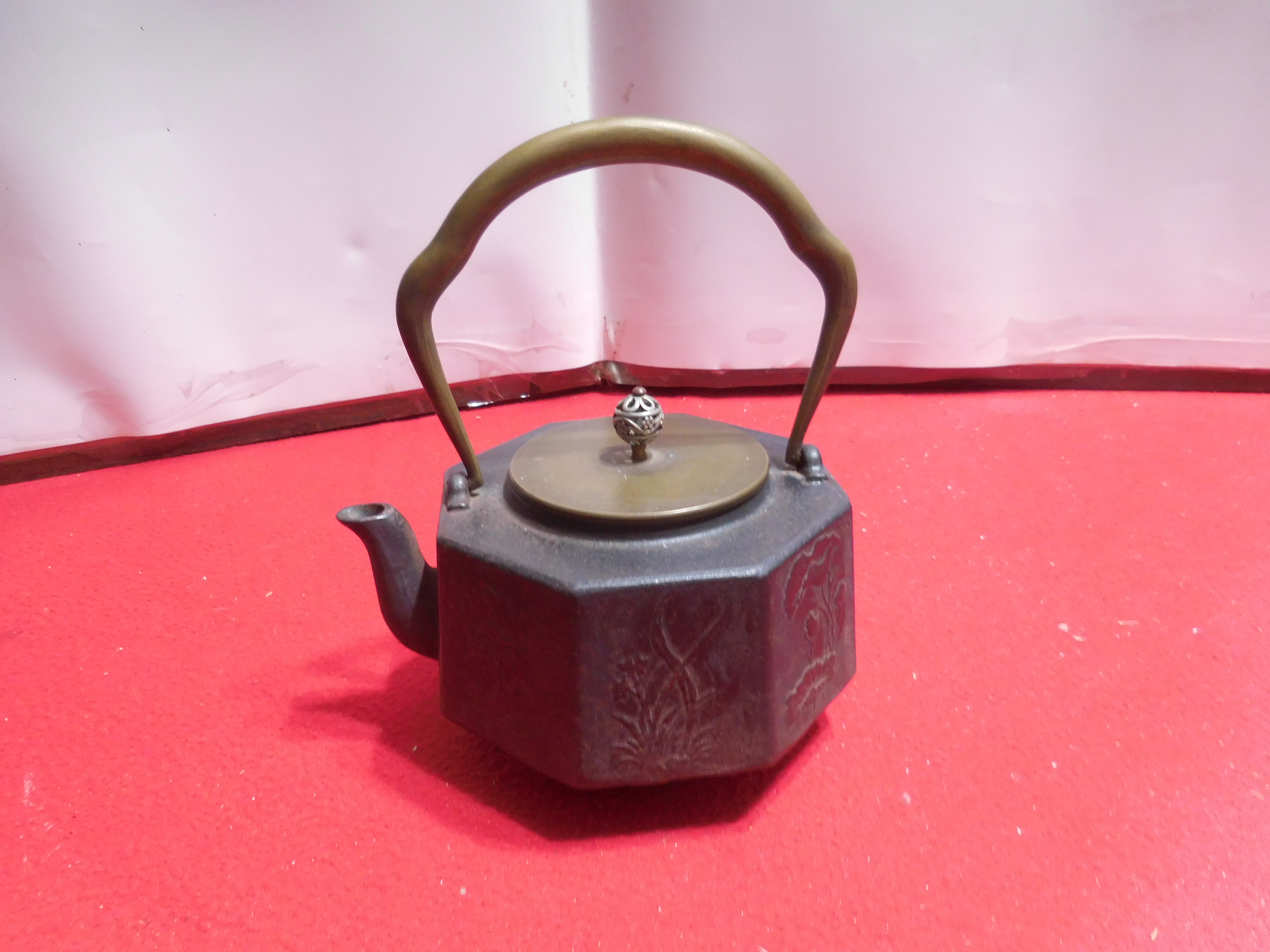 北溟居古美術】日本茶道具八方,三彎實心把,四時花卉紋空心鍍銀