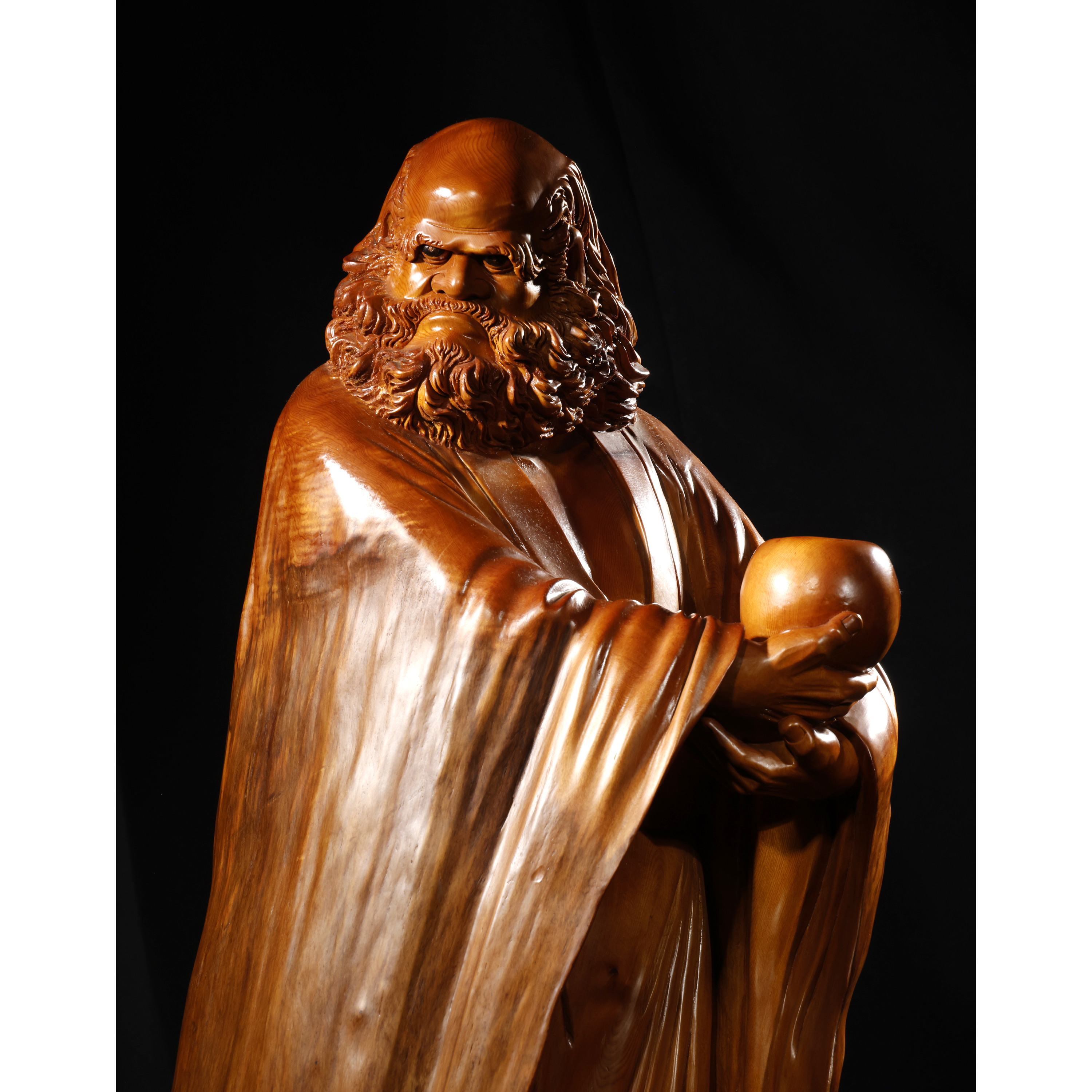指定上拍)再生補破網-許清財黑皮黃檜木達摩立像重17.6kg 內地絕對無法