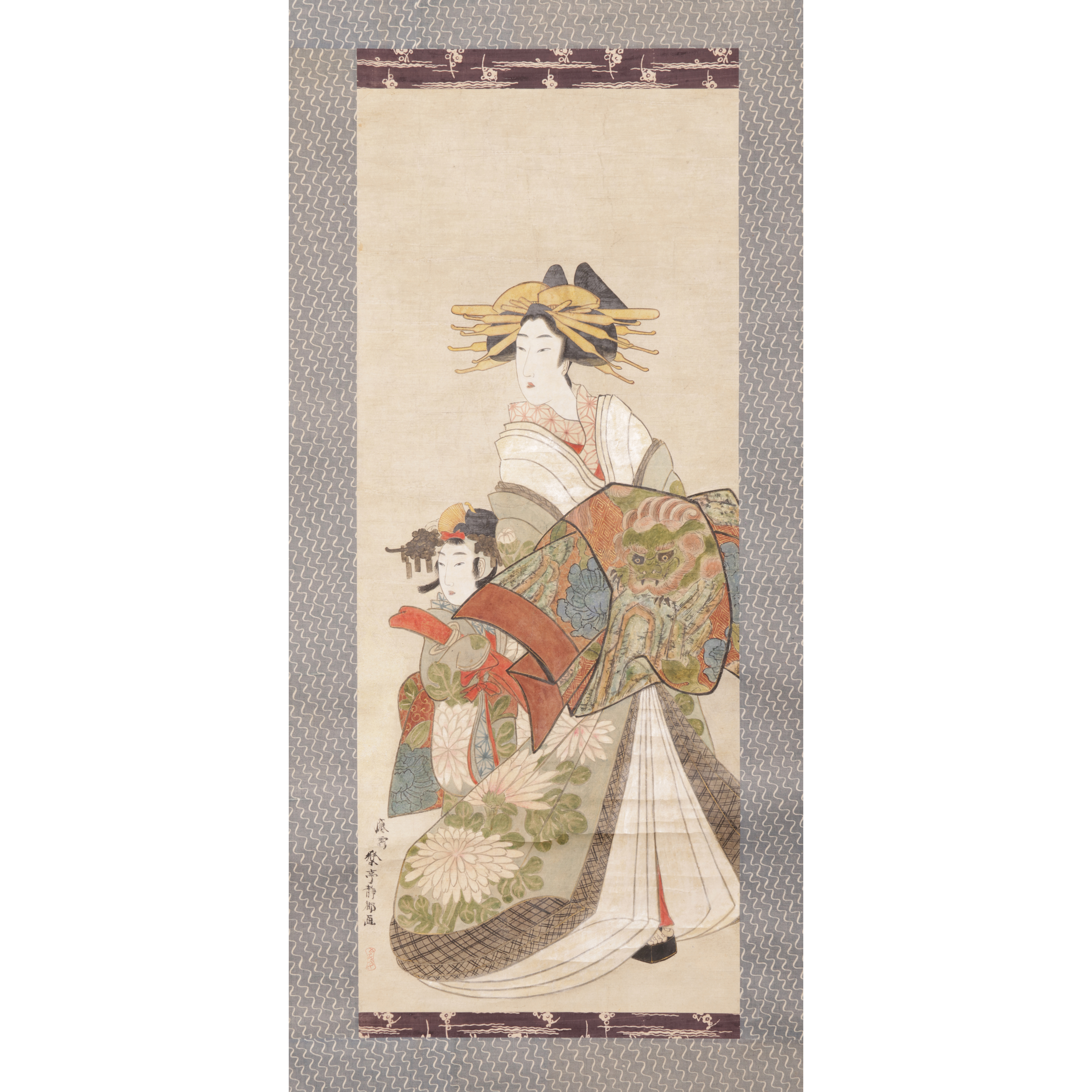 二拍)紫眼拍賣-疑日本江戶時期名家浮世繪(肉筆) 立軸太夫禿道中