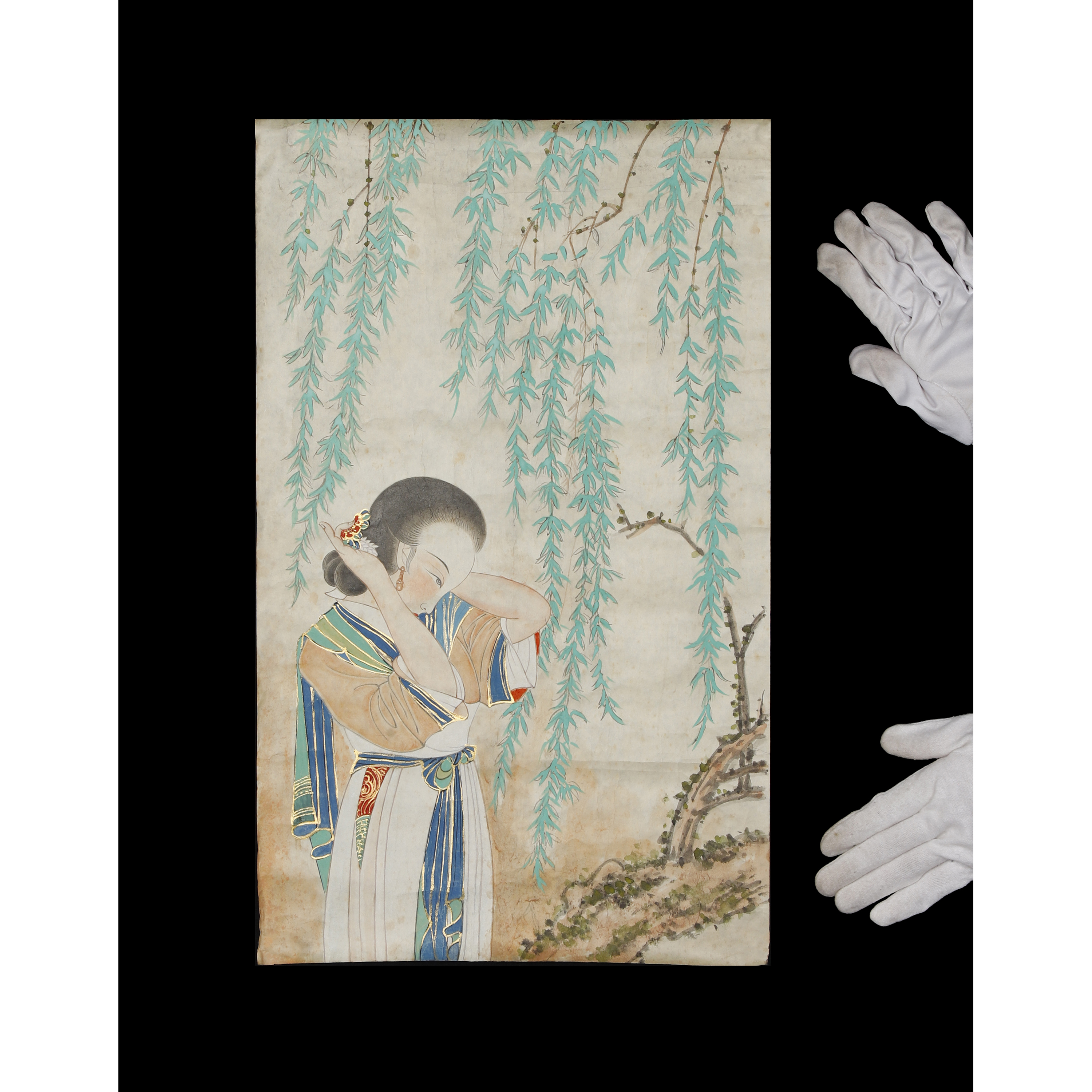 再生補破網拍賣-早期疑似張大千畫稿水墨工筆立軸仕女圖(BQ-BABV04Z)VC