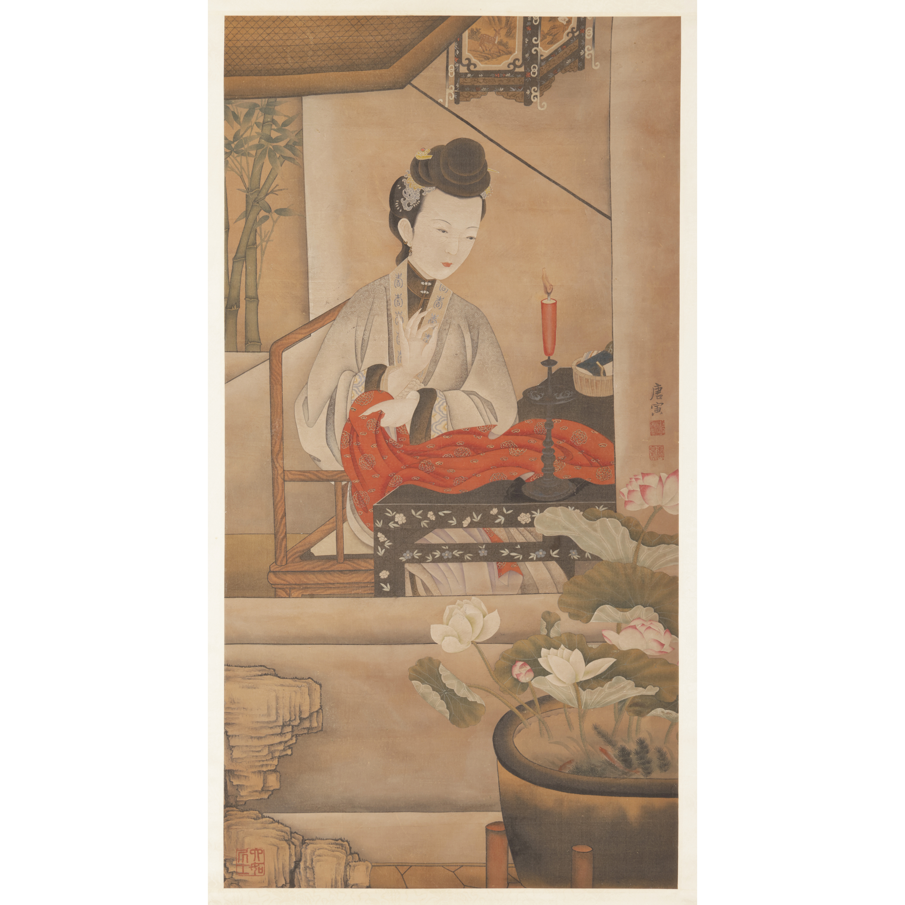 中国古美術・仕女図三尺画芯・唐寅印款・水墨彩色画・純手描き・書道品・宣紙・带水印 中国古美術・仕女図三尺画芯・唐寅印款・水墨彩色画・純手描き