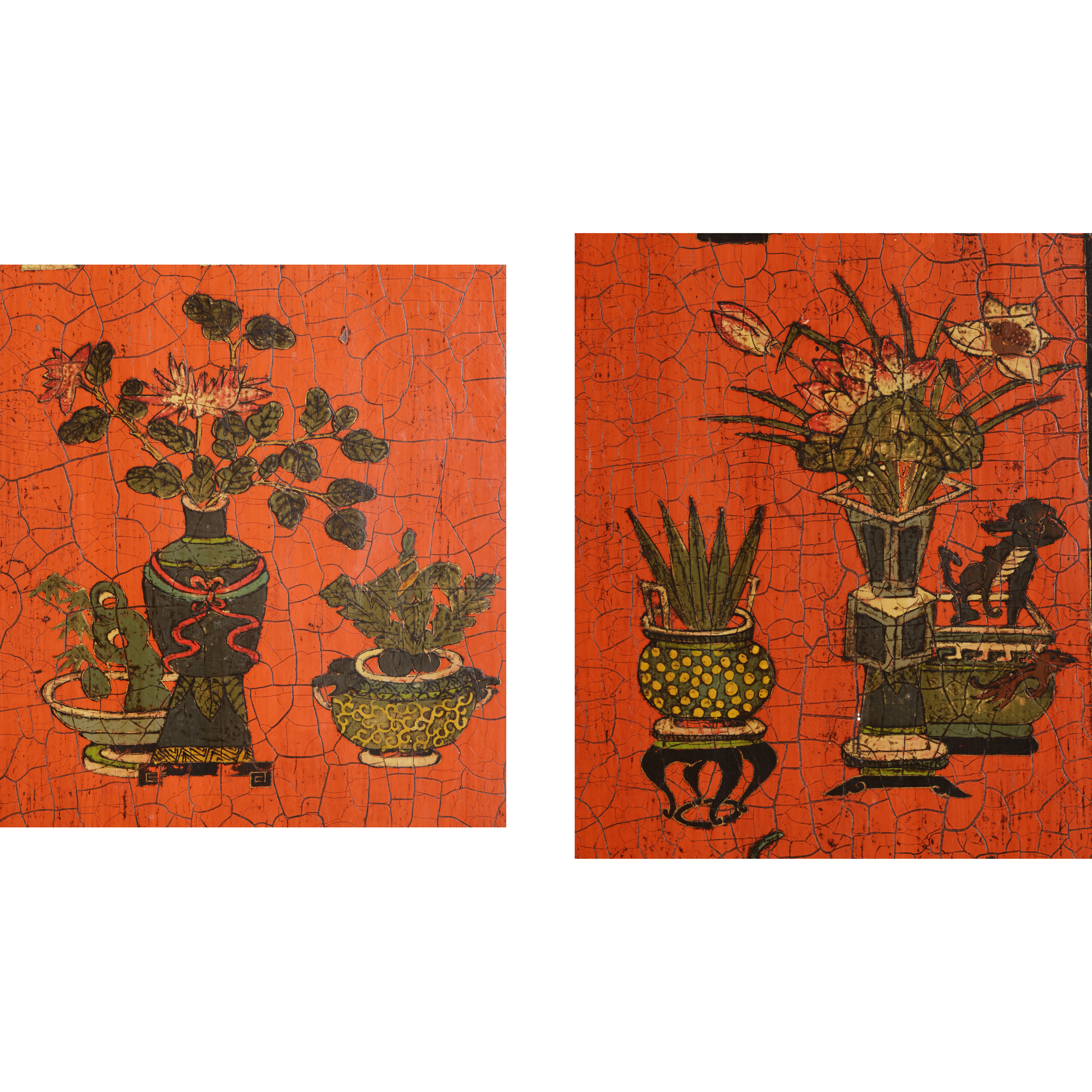 山海經拍賣-老件披麻捉灰漆畫博古圖四屏總重20.8kg 內地絕對無法運送