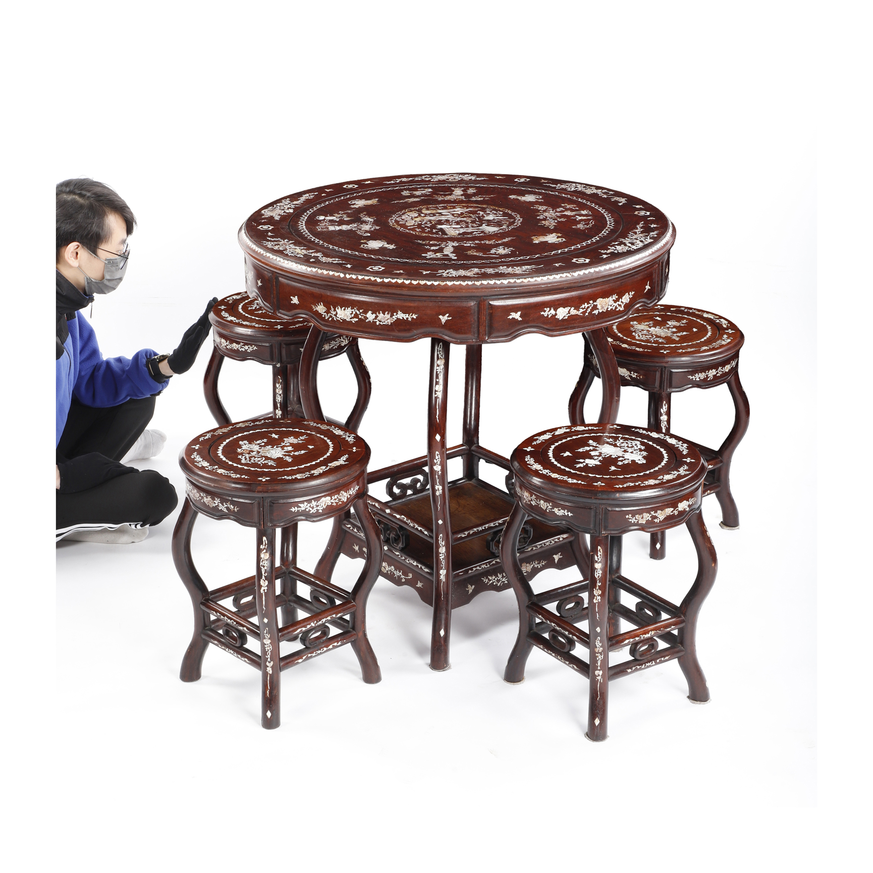 唐木の螺鈿象嵌花台 スツール 置台 飾り棚 香炉台 華道具 唐物 中国美術