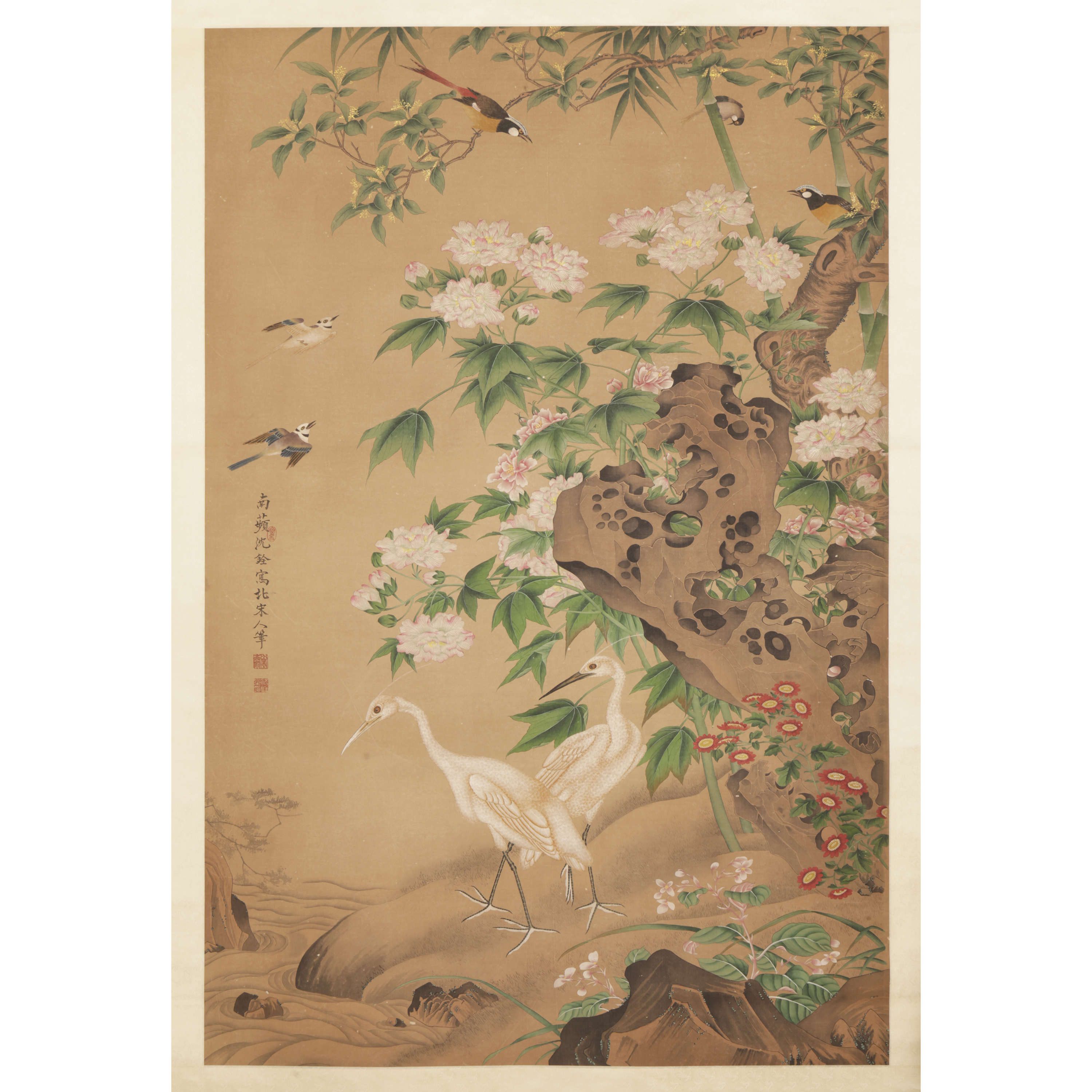 東方拍賣-古畫水墨大中堂(13才) 花鳥圖沈銓絹本(EQ-MADB09J)LM - 補破