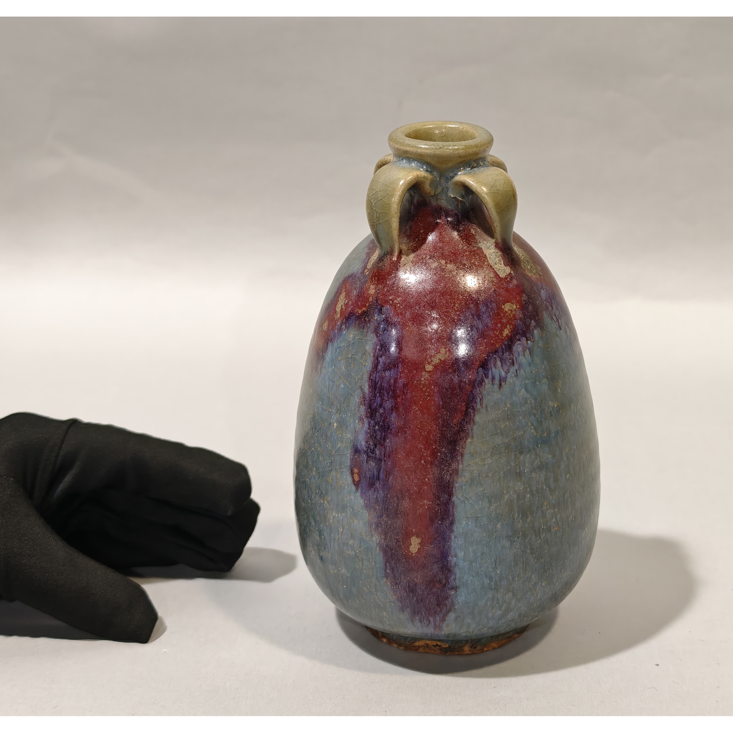 清倉古陶瓷鈞窯天青釉紫斑四繫賞瓶(PQ-HACY05) NG - 補破網藝術