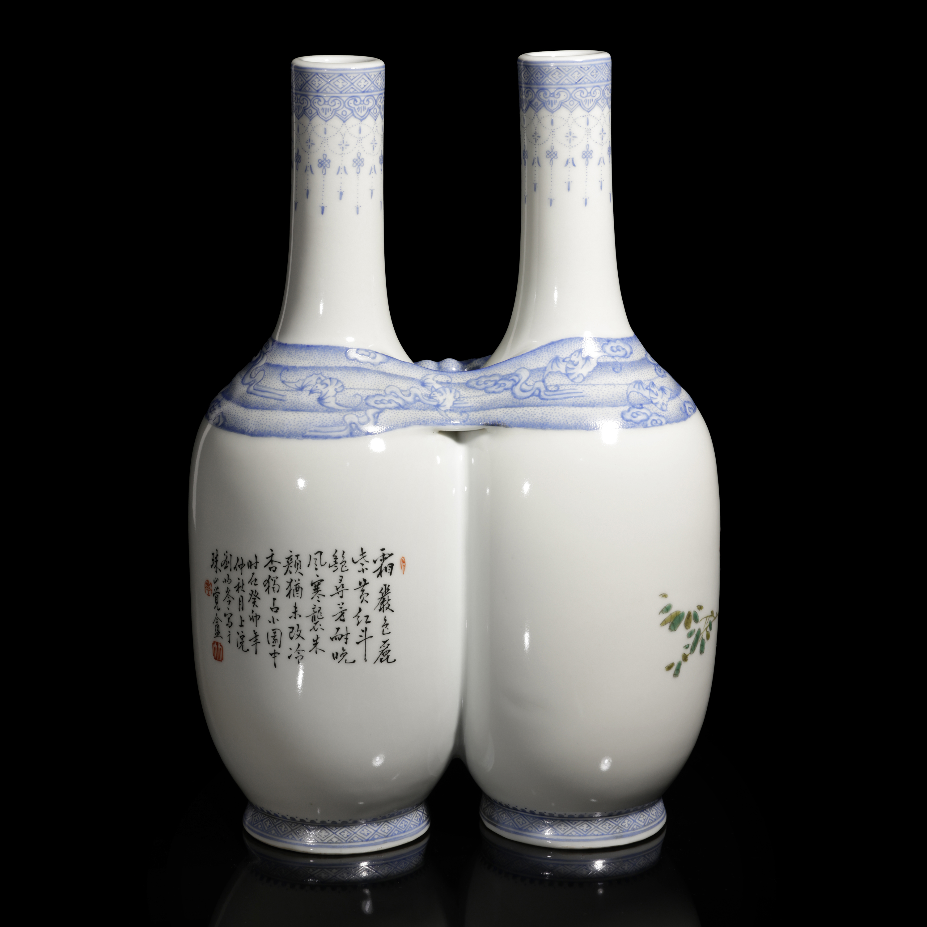 紫眼拍賣-民初名家粉彩詩文花鳥圖包巾雙連瓶劉雨岑(PH-GAPY03)II - 補