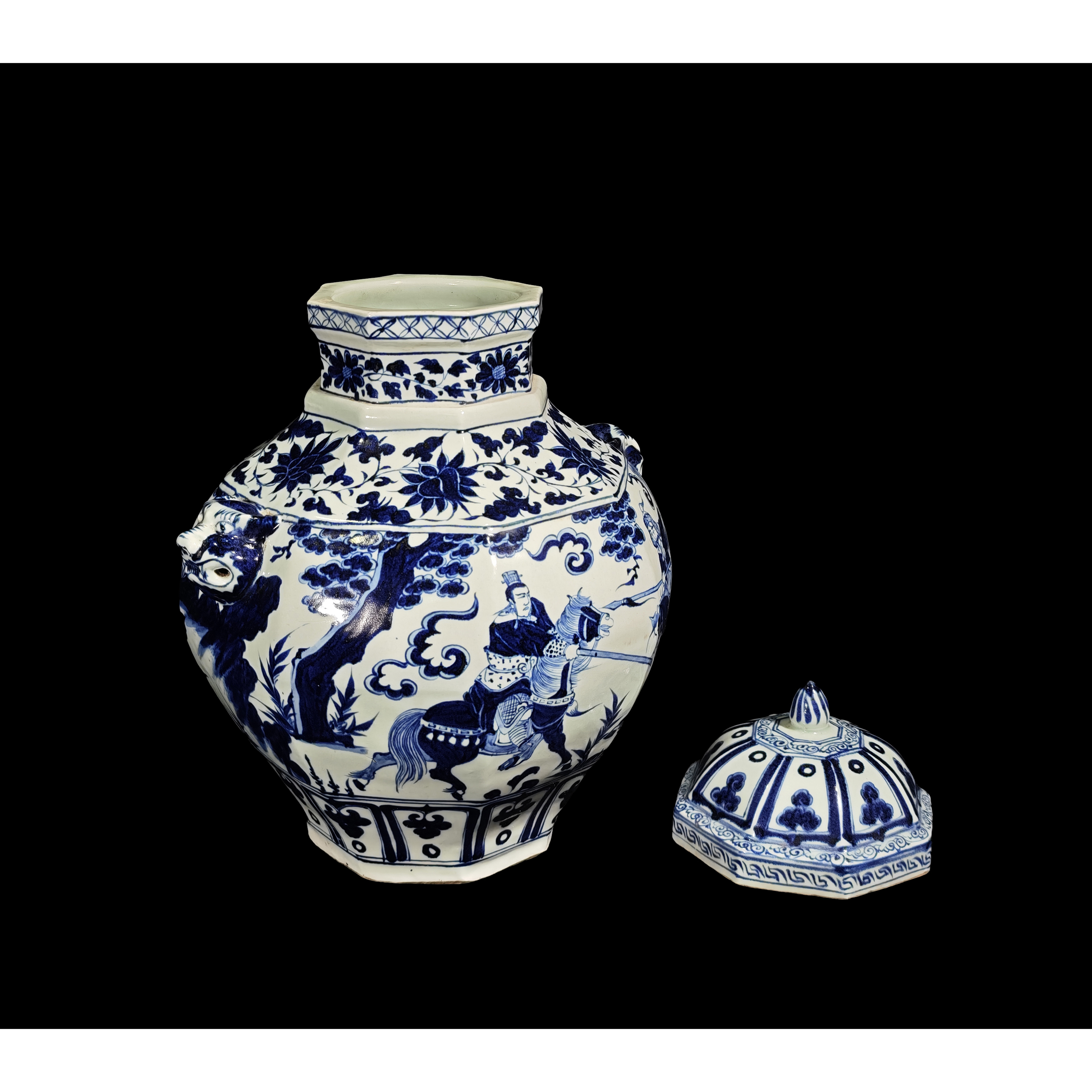 清倉古陶瓷青花瓷元世祖出征圖八稜舖首蓋罐有底款重7.4kg (PH