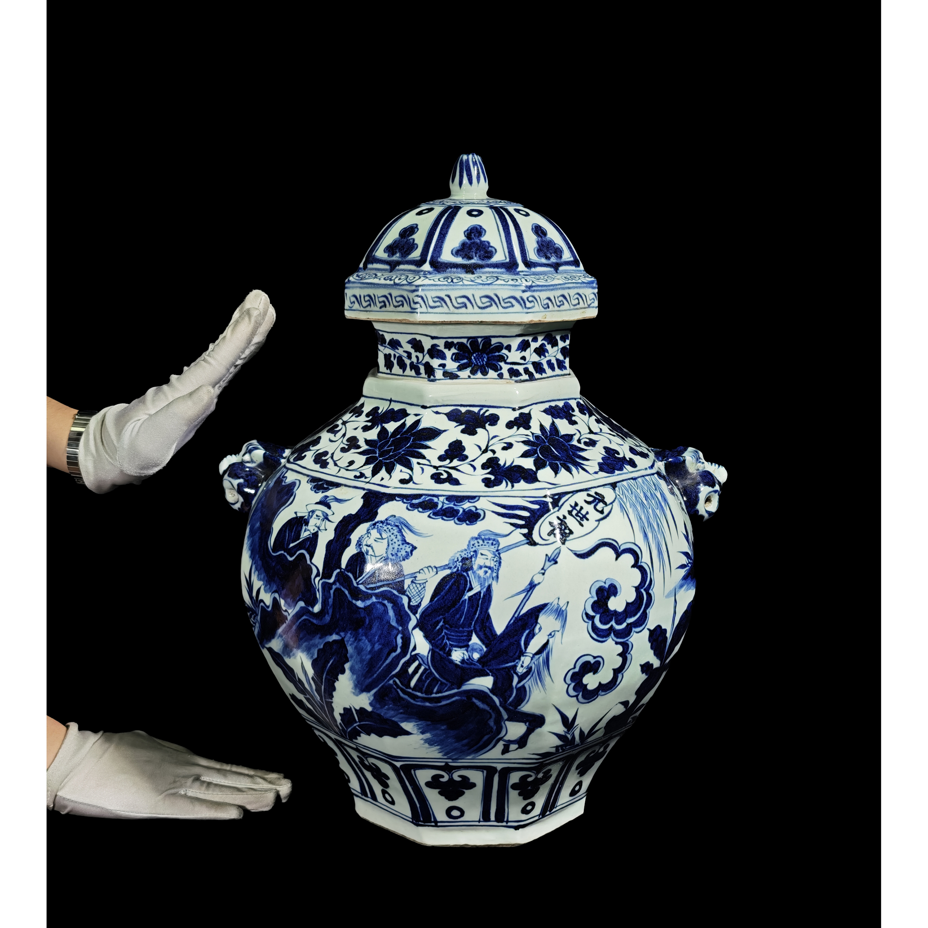 清倉古陶瓷青花瓷元世祖出征圖八稜舖首蓋罐有底款重7.4kg (PH