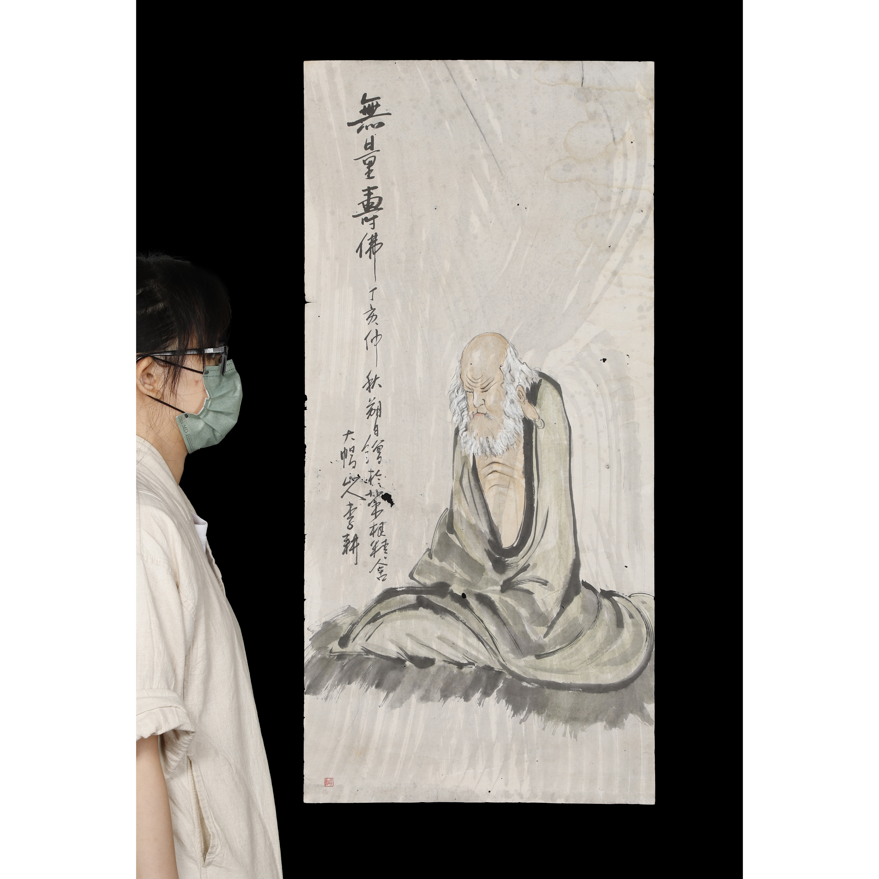 二拍)再生補破網-早期名家水墨立軸無量壽佛李耕品相如圖(BQ-AABO13)OS